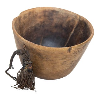 Antique Tribal Hand Carved African Wood Bowl Turkana Kenya With Leather Details For Sale