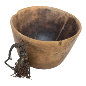 Antique Tribal Hand Carved African Wood Bowl Turkana Kenya With Leather Details