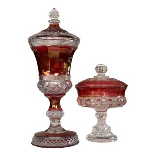 Vintage Westmoreland Ruby Red Flash Meets Tiffin Franciscan Thumbprint Lidded Lusterware - A Pair For Sale