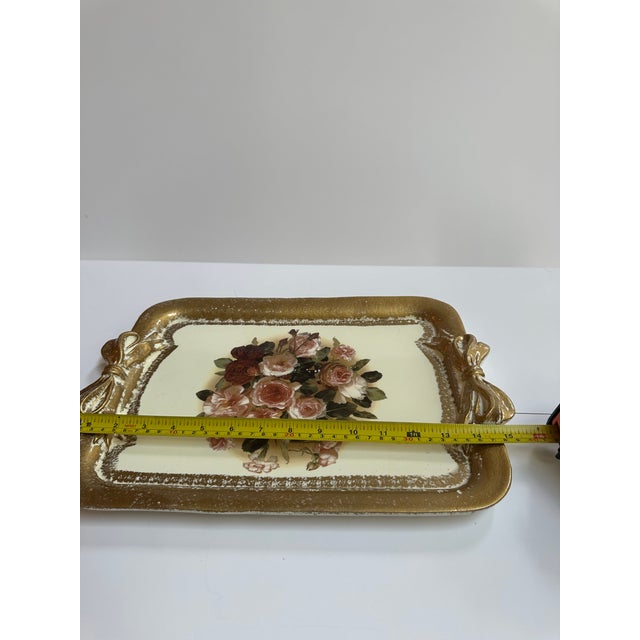 1970s Tirinnanzi Italy Hand Painted Floral Gold Trim Bow Handles Serving Tray For Sale - Image 5 of 15