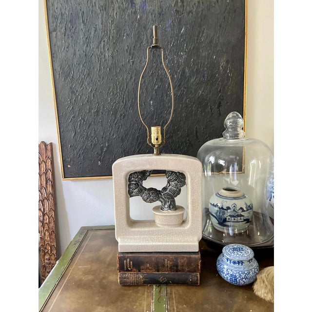 Contemporary Mid 20th Century MCM Crackle Glaze Asian Bonsai Ceramic Lamp For Sale - Image 3 of 10
