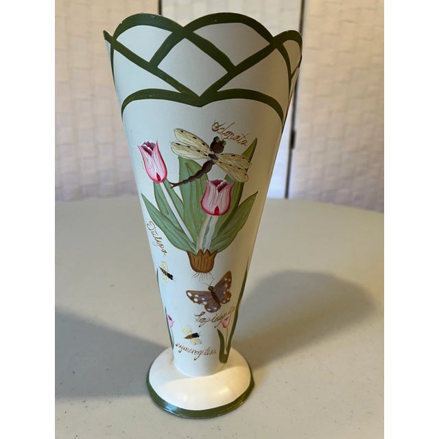White Mid 20th Century Tole Hand Painted Vase For Sale - Image 8 of 12