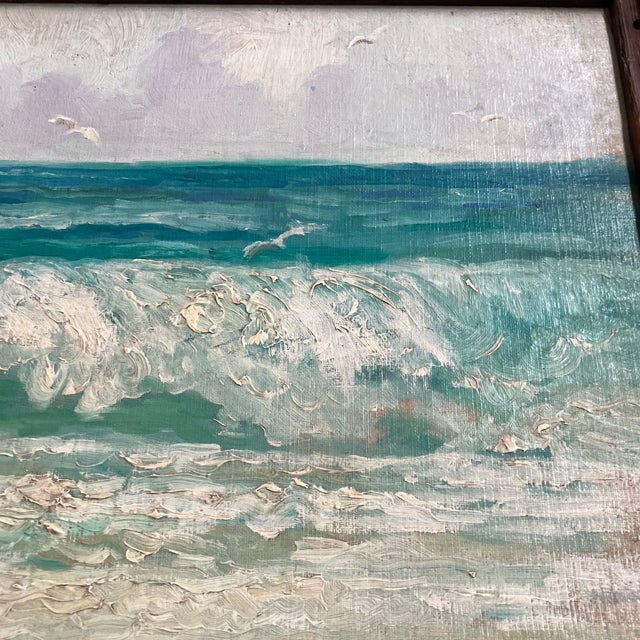 Impressionist 1950’s Original Impressionist Seascape With Seagulls Painting Worm Wood Vintage Frame For Sale - Image 3 of 5