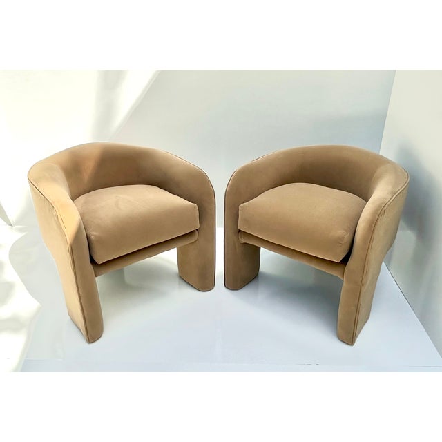 Vintage Low Back Barrel Club Chair in Camel Velvet - Set of 2 For Sale - Image 10 of 10