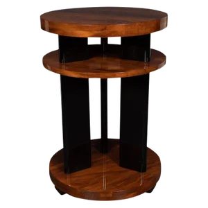 Art Deco Machine Age Three-Tier Bookmatched Walnut and Black Lacquer Side Table