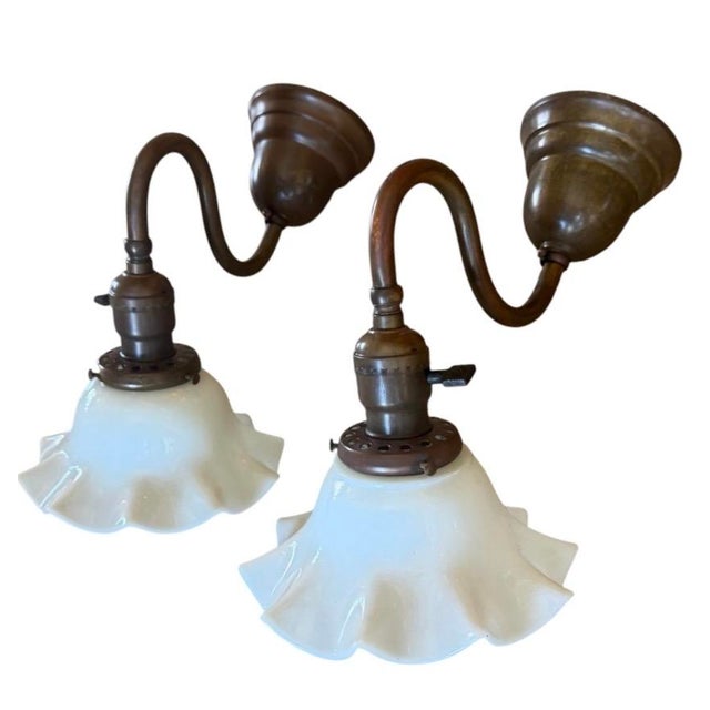 1920s Rare Antique Brass and Wavy Milk Glass Wall Sconces - A Pair For Sale - Image 5 of 8