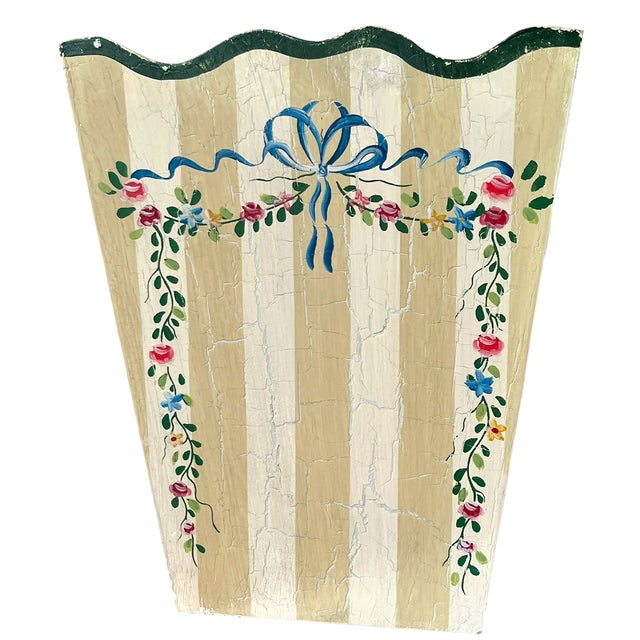 Hand-Painted Wooden Wasetbasket With Romantic Floral Swags, Bows and Stripes by Jane Keltner For Sale In Jacksonville, FL - Image 6 of 11