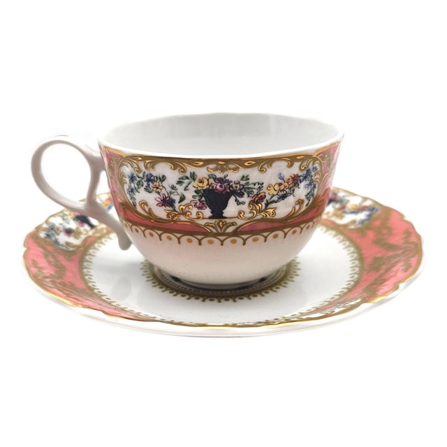 Late 20th Century Andrea by Sadek “Collection Sèvres” Pink Floral Gilt Tea Cup & Saucer For Sale