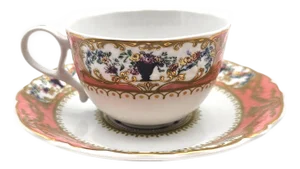 Late 20th Century Andrea by Sadek “Collection Sèvres” Pink Floral Gilt Tea Cup & Saucer