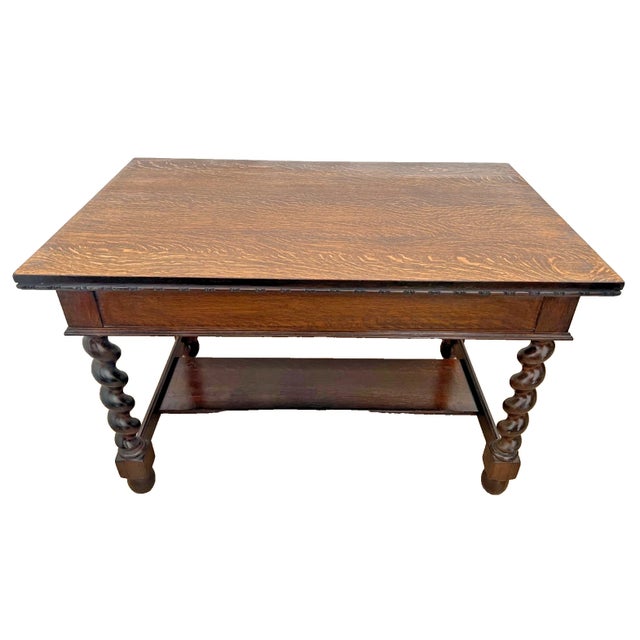 Wood Antique Barley-Twist Tiger Oak Library Desk Writing Table Jacobean Revival Shelf For Sale - Image 7 of 13
