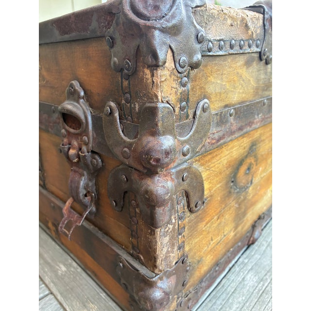 Antique Wood Travel Trunk With Leather Straps and Original Hardware For Sale - Image 11 of 12