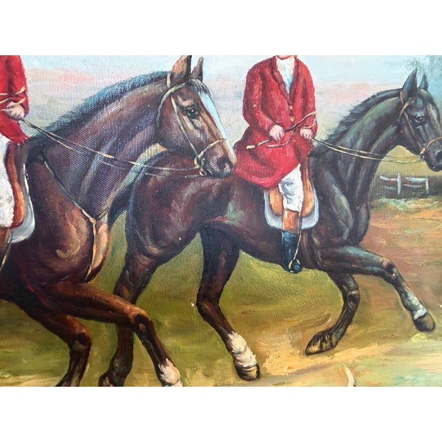 Textile Large Vintage Oil Painting English Fox Hunt Horses Hounds Hunting Scene Art For Sale - Image 7 of 8