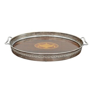 Early 20th Century Mahogany Serving Tray With Silver Plate Gallery For Sale