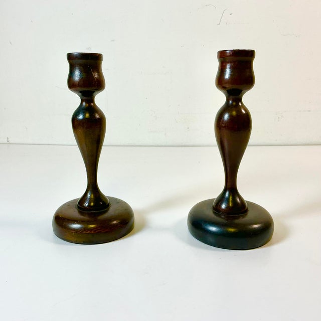 Farmhouse Early 20th C. Antique Federal Farmhouse Americana Hand Turned Walnut Candle Holders - A Pair For Sale - Image 3 of 11