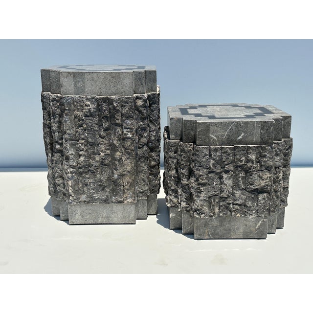 Brutalist Tessellated Stone Side Tables with Brass trim - A Pair For Sale - Image 3 of 12