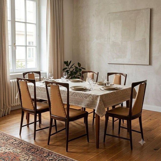 Six elegant 1950s dining chairs with wooden frame finished in polyester, seat and backrest with skai upholstery, brass...