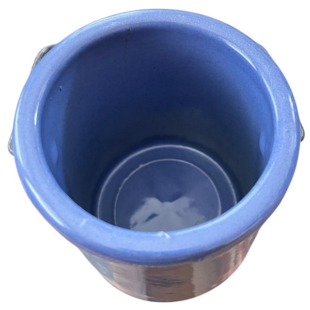 Vintage French Country Periwinkle Blue Ceramic Lidded Canister & Striped Spoon After Digoin Sarreguemines For Sale - Image 9 of 13