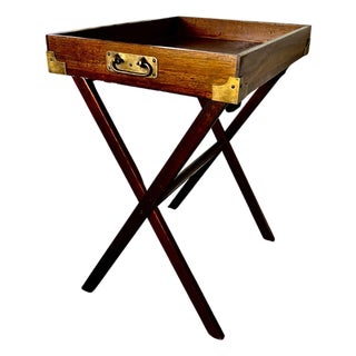 Vintage Campaign-Style Butler’s Tray Table – Mahogany Folding X-Frame With Brass Hardware, Removable Serving Tray For Sale