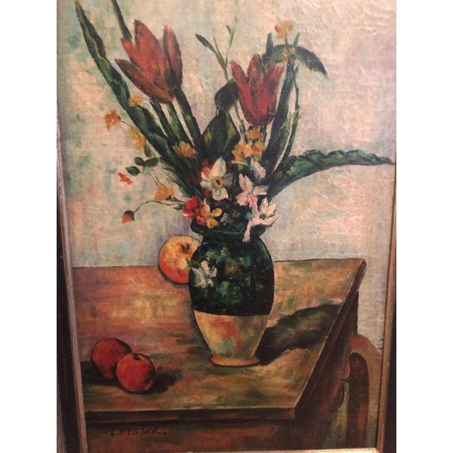 Dark Green Textural Floral and Fruit Still Life Signed Leyster For Sale - Image 8 of 13