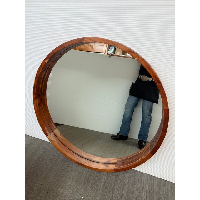Modern Cb2 Acacia Wood Round Wall Mirror For Sale - Image 3 of 12