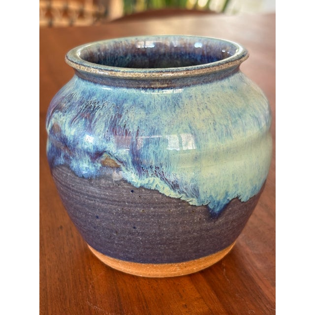 Midcentury Cabinet Vase – Blue & Teal Drip Glaze For Sale - Image 4 of 7