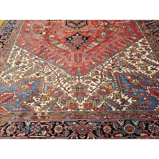 French Country Vintage Oversize Heriz Rug, Hand-Knotted Geometric Pattern, Red & Ivory, 11’ X 19’ For Sale - Image 3 of 12