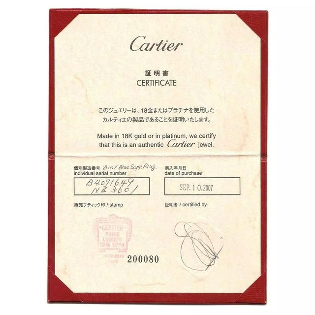 Metal Cartier Sapphire & Diamond Ring 18k White Gold Band Size 49 -US 5 w/Cert For Sale - Image 7 of 7