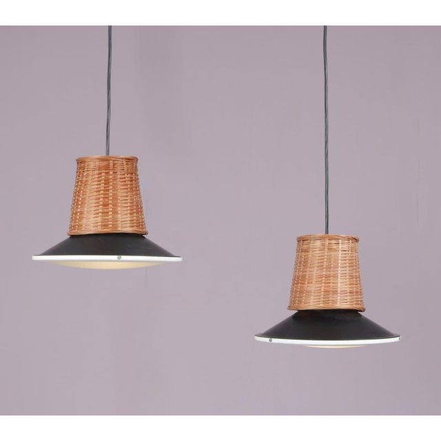 Hanging Lamps in Wicker, Black Metal, and Glass, 1950s, Set of 2 For Sale - Image 6 of 8