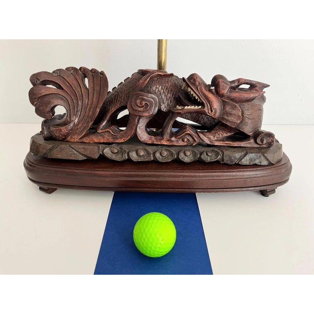 Asian Carved Wood Dragon Roof Tile Lamp & Shade For Sale - Image 6 of 15