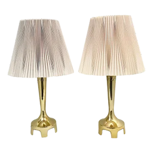 1970s-80s Laurel Lamp Co Footed Brass Lamp Pair With Original Op Art Pleated Shades