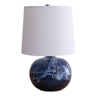 1960s French Blue Ceramic Round Table Lamp with Woven Shade For Sale