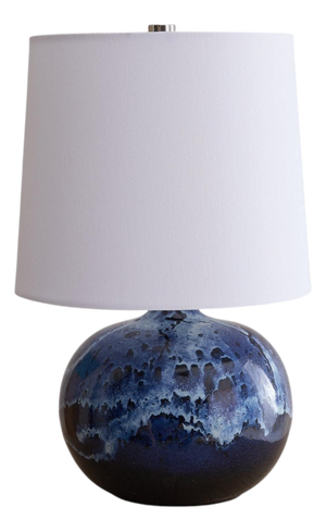 1960s French Blue Ceramic Round Table Lamp with Woven Shade