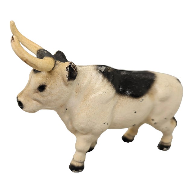 Vintage/Antique Cast Iron Black & White Longhorn Steer Coin Bank, 5"l For Sale
