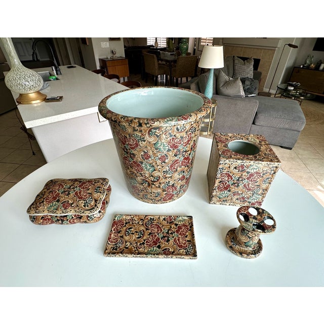 Chinese Bathroom Accessory Set Floral Porcelain Vintage For Sale In Palm Springs - Image 6 of 17