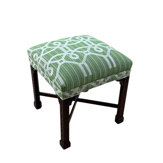 Chinese Chippendale Style Bench with upholstered seat in Schumacher “Ziz” embroidered fabric. Hand carved mahogany frame,...