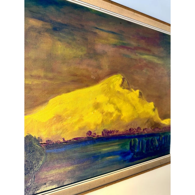 Beautiful mid century modern landscape painting dating from 1960 with signature writing & dating on the back of the piece....