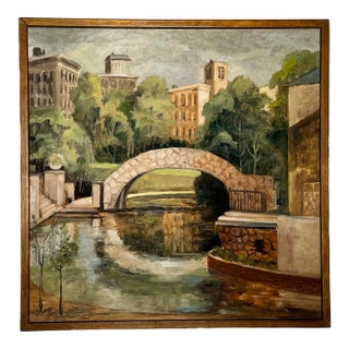 Vintage Structured Impressionistic Stone Bridge Still Life Framed Original Oil Painting, Green, Brown, Cream For Sale