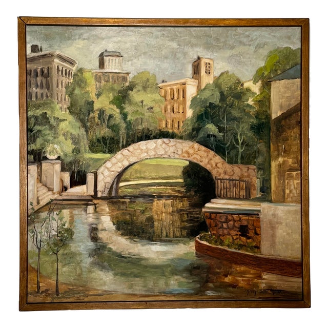 Vintage Structured Impressionistic Stone Bridge Still Life Framed Original Oil Painting, Green, Brown, Cream For Sale