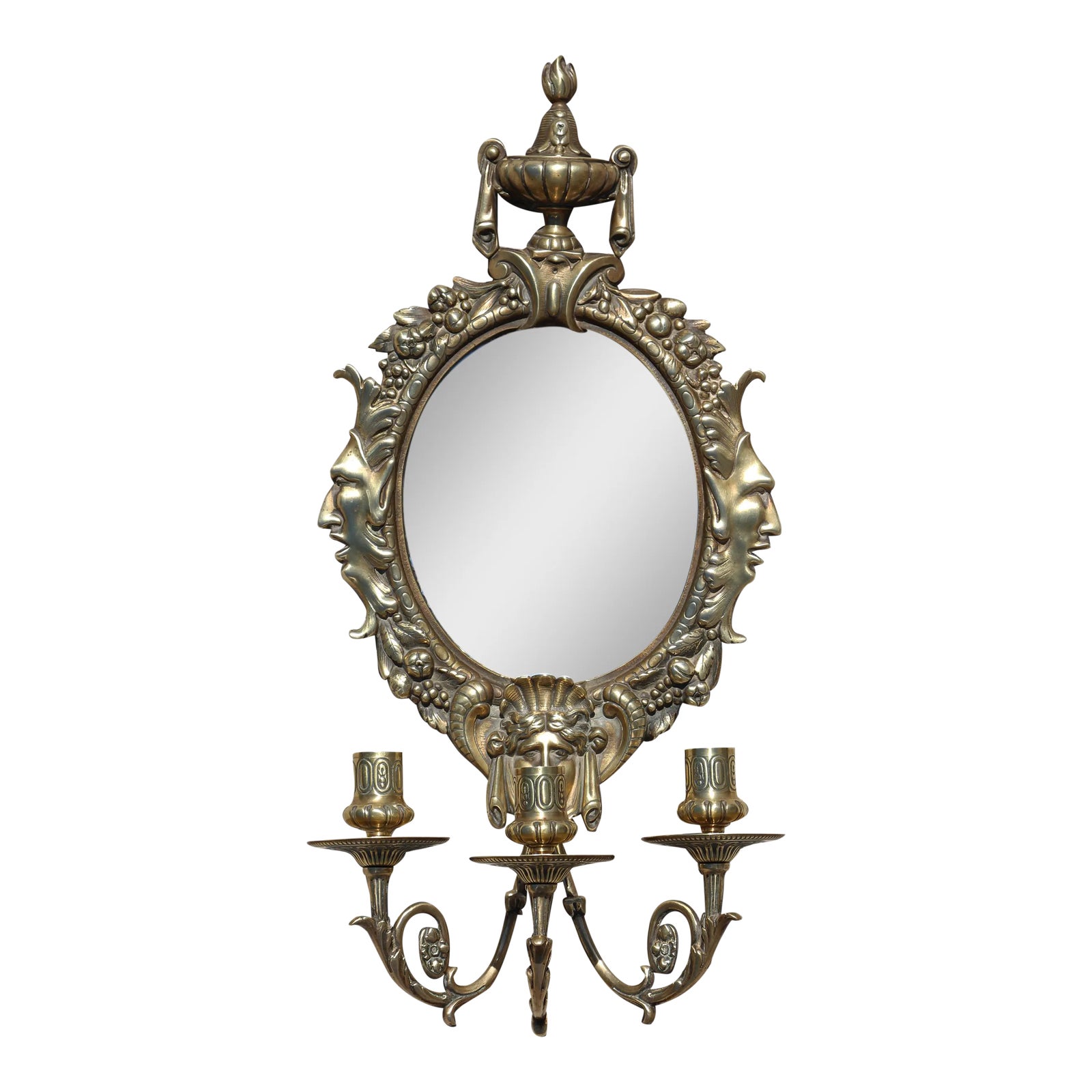 19th Century French Louis XVI Brass Mirrored Triple Arm Candle Wall