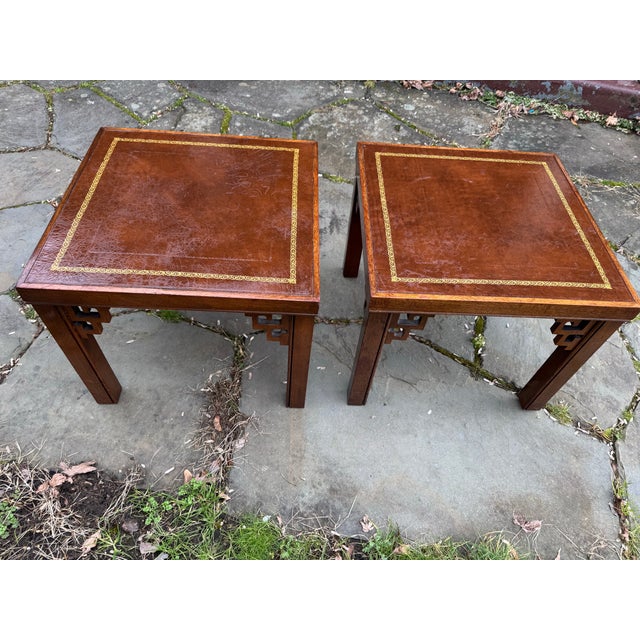 Gorgeous mid-century mahogany chinoiserie Ming style side tables made by the small American manufacturer Schotts of...