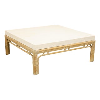 Late 20th Century Whitewashed Oak & Rattan Faux Marble Top Coastal Square Coffee Table For Sale