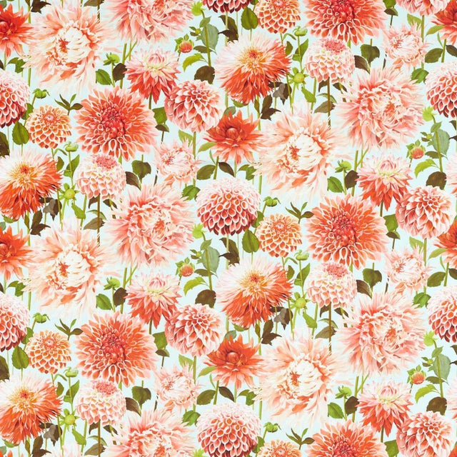 Harlequin Dahlia Fabric in Coral/Fig Leaf/Sky For Sale