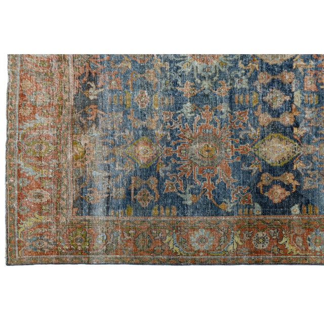 Blue Antique Mahal Rug With Distressed Indigo Blue and Terracotta Field For Sale - Image 8 of 11