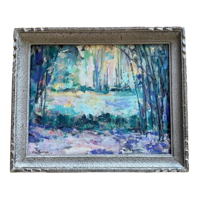 Contemporary Post-Impressionist Oil Painting of Water Scene With Lilies After Monet in Vintage French Frame For Sale