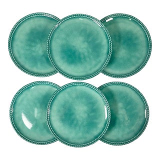 Vintage Italian Boho Chic Faux Ceramic Turquoise Melamine Dinner Plates - Set of 6 For Sale