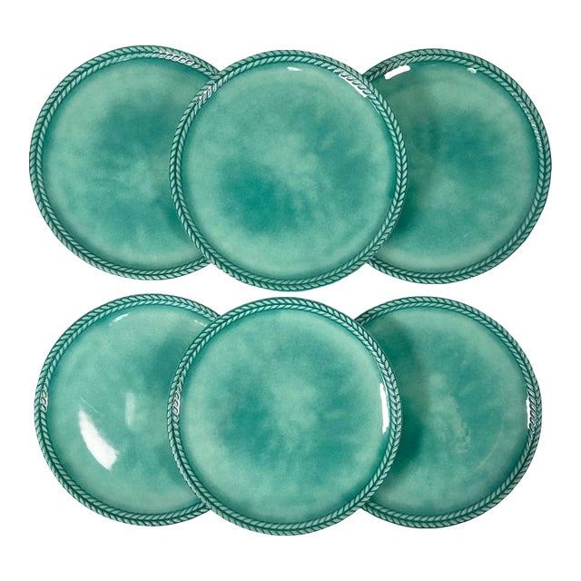Vintage Italian Boho Chic Faux Ceramic Turquoise Melamine Dinner Plates - Set of 6 For Sale
