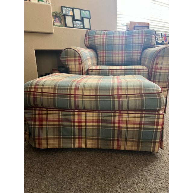 Vintage Plaid Fabric Armchair W/Matching Ottoman For Sale - Image 4 of 5