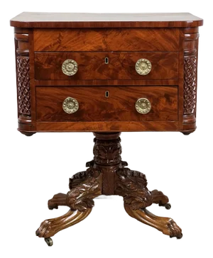 Antique Federal Period Mahogany Work Table With Pineapple Carved Pillars C. 1840