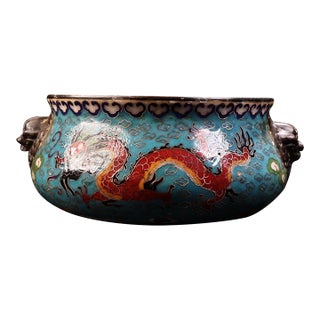 Vintage Chinese Cloisonné Enamel Dragon Censer, Bronze Tiger‑Head Handle Incense Burner For Sale