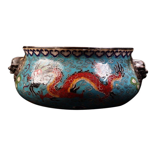 Vintage Chinese Cloisonné Enamel Dragon Censer, Bronze Tiger‑Head Handle Incense Burner For Sale